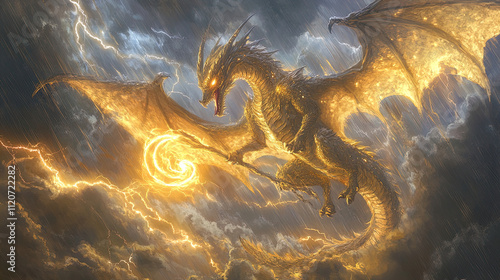 A majestic dragon soars through a tumultuous sky, wings wide open amid a backdrop of dark storm clouds illuminated by flashes of lightning. The dragon's scales glisten with a metallic golden hue, emph
