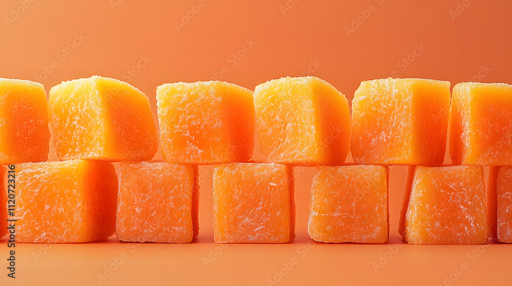 Close-up of vibrant orange cubes arranged in rows against a matching background. The texture appears slightly frozen or chilled, suggesting a frozen food product or dessert. Close-up of vibrant orange cubes arranged in rows against a matching background. The texture appears slightly frozen or chilled, suggesting a frozen food product or dessert.