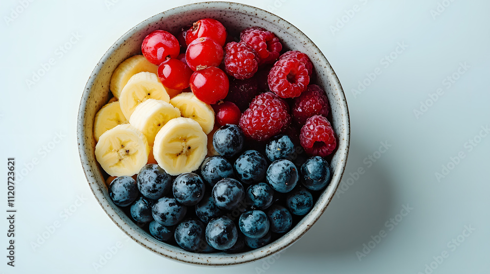 A bowl of fresh fruit, including bananas, blueberries, raspberries, and red currants. A healthy and delicious breakfast or snack option. A bowl of fresh fruit, including bananas, blueberries, raspberries, and red currants. A healthy and delicious breakfast or snack option.