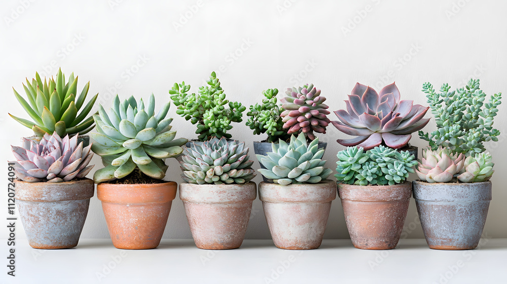 A row of eight succulents in terracotta pots, showcasing diverse colors and textures. Perfect for home decor or gardening blogs. A row of eight succulents in terracotta pots, showcasing diverse colors and textures. Perfect for home decor or gardening blogs.