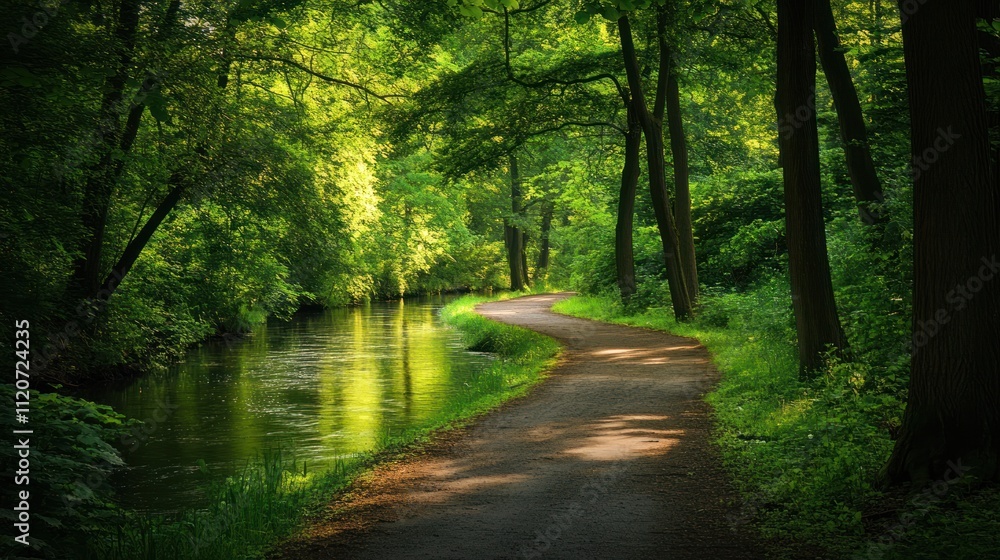 Obraz premium Serene Pathway Beside a Tranquil River in Lush Green Forest