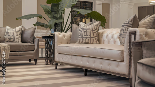 Beige tufted sofa with patterned throw pillows, accompanied by a matching armchair and ottoman.  A dark metal side table and large plant are also present in the room with striped flooring. photo