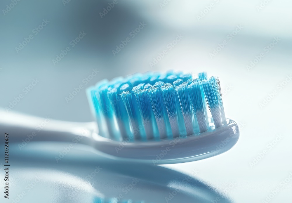 Close-Up of a Modern Toothbrush with Blue and White Bristles on a Reflective Surface, Perfect for Oral Care and Hygiene Themes in Health and Dental Articles Close-Up of a Modern Toothbrush with Blue and White Bristles on a Reflective Surface, Perfect for Oral Care and Hygiene Themes in Health and Dental Articles