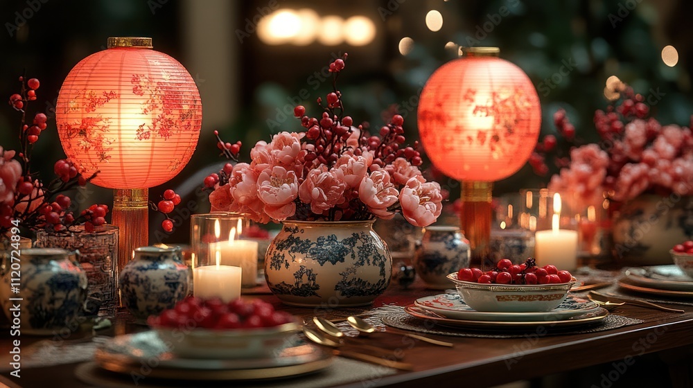 Elegant Chinese New Year dinner table setting with lanterns, flowers, and candles. Elegant Chinese New Year dinner table setting with lanterns, flowers, and candles.