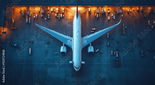 Airplane parked at night on tarmac, surrounded by ground support equipment.
