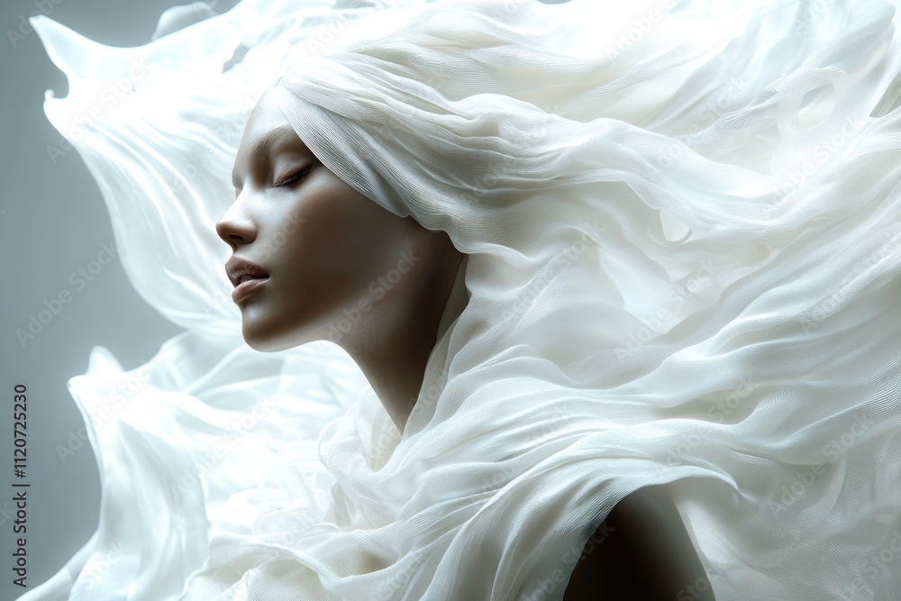 Surreal Ethereal Portrait of Woman in Flowing Fabric with Dreamlike Aesthetic and Illuminated Dynamic Composition Surreal Ethereal Portrait of Woman in Flowing Fabric with Dreamlike Aesthetic and Illuminated Dynamic Composition