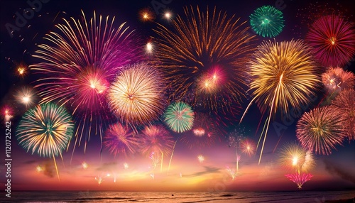 Fireworks reflecting over water during a night celebration with colorful lights and a dark sky photo