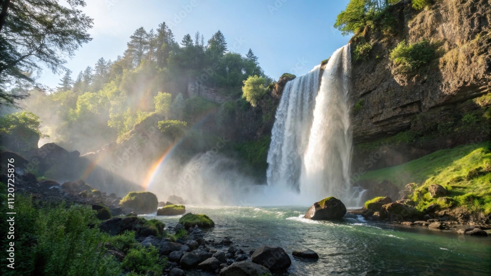 Fototapeta premium A majestic waterfall cascading down rocky cliffs creating mist that catches the sunlight and forms tiny rainbows.