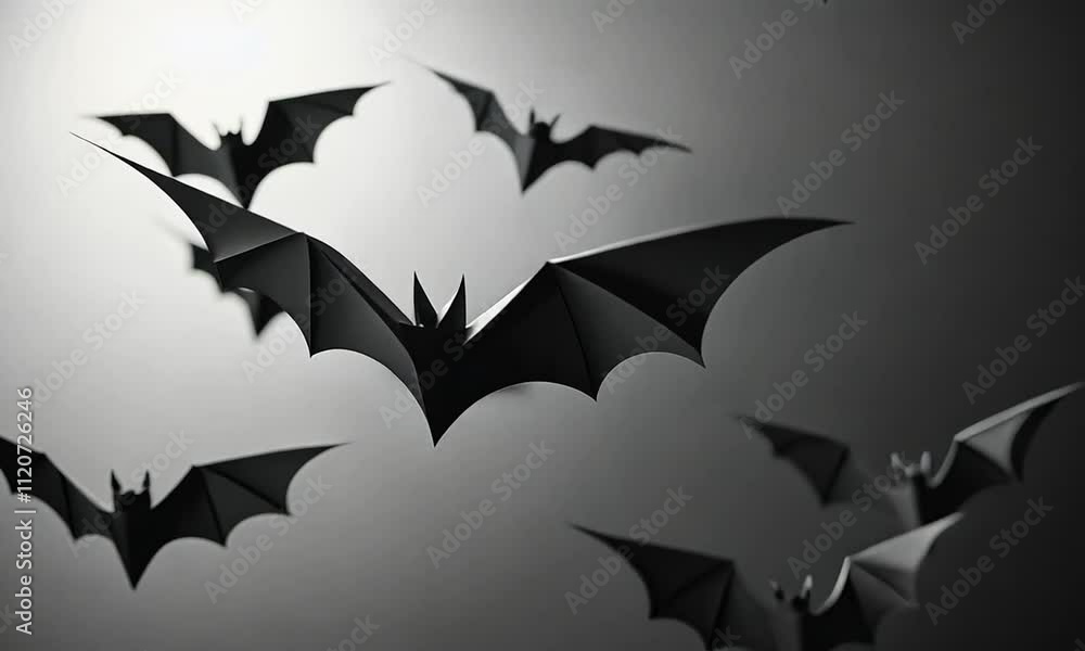 A collection of black paper bats in flight against a gray background, creating a spooky atmosphere. A collection of black paper bats in flight against a gray background, creating a spooky atmosphere.