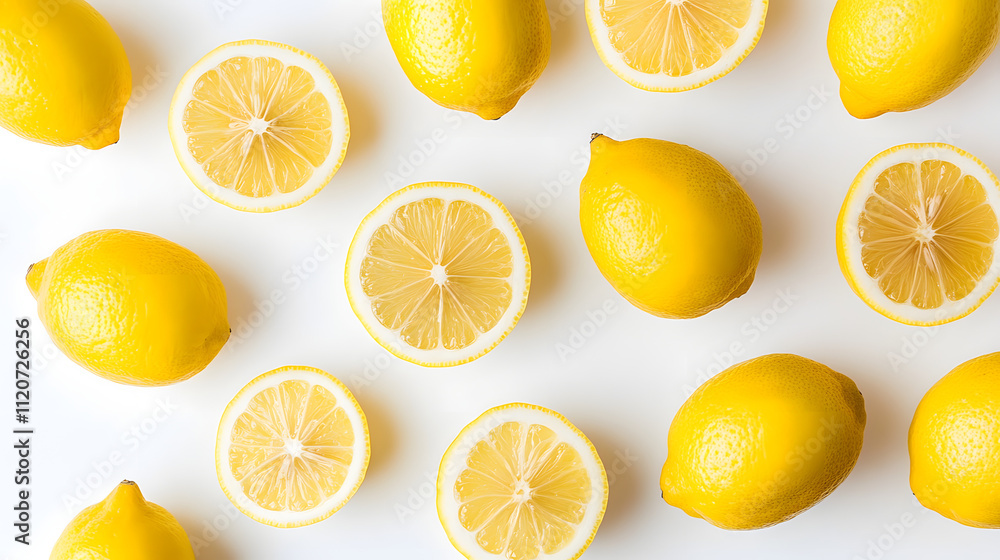A vibrant flat lay showcasing whole and halved lemons arranged on a white background. A vibrant flat lay showcasing whole and halved lemons arranged on a white background.