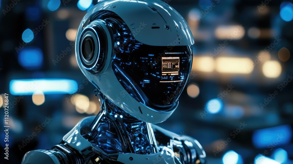 Close-up of a futuristic robot's head, displaying internal circuitry and a digital display. Close-up of a futuristic robot's head, displaying internal circuitry and a digital display.