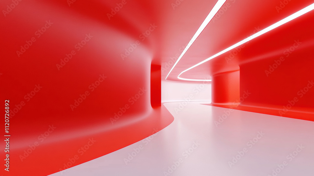 Modern Red Corridor with Curved Walls and Neon Lighting Modern Red Corridor with Curved Walls and Neon Lighting