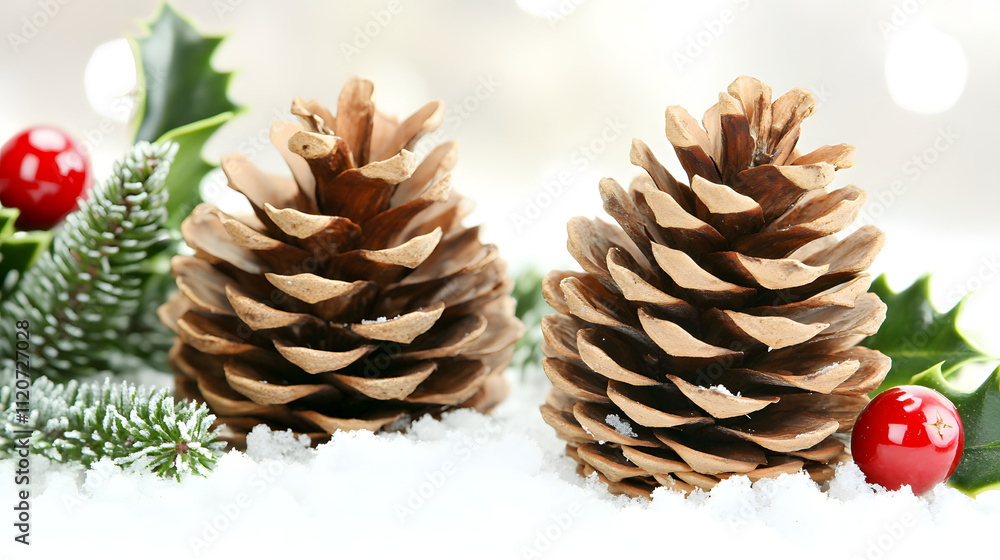 Two pinecones nestled in snow, adorned with holly and cranberries. A festive winter scene, perfect for Christmas or holiday decorations. Two pinecones nestled in snow, adorned with holly and cranberries. A festive winter scene, perfect for Christmas or holiday decorations.