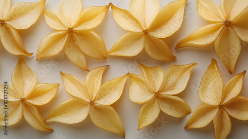 Wallpaper Mural Close-up of several star fruits arranged in rows on a light beige background. The star fruits are dehydrated or dried, exhibiting a pale golden hue and delicate texture. Torontodigital.ca