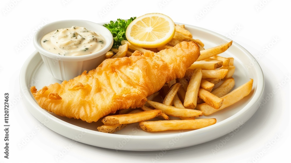 Lifelike photo of fish and chips with tartar sauce on a white plate
Lifelike photo of fish and chips with tartar sauce on a white plate