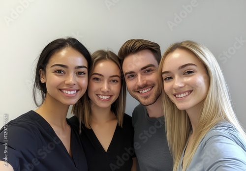 Four Young Friends Smiling Together in a Bright Indoor Setting Showcasing Joyful Expressions and Positive Relationships Among Diverse Individuals