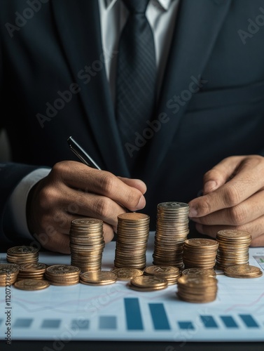 financial freedom independence strategy Concept. Businessman analyzing financial growth with coins