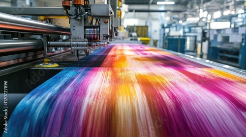 Close-up view of a colorful fabric being printed on a high-tech production line in a factory