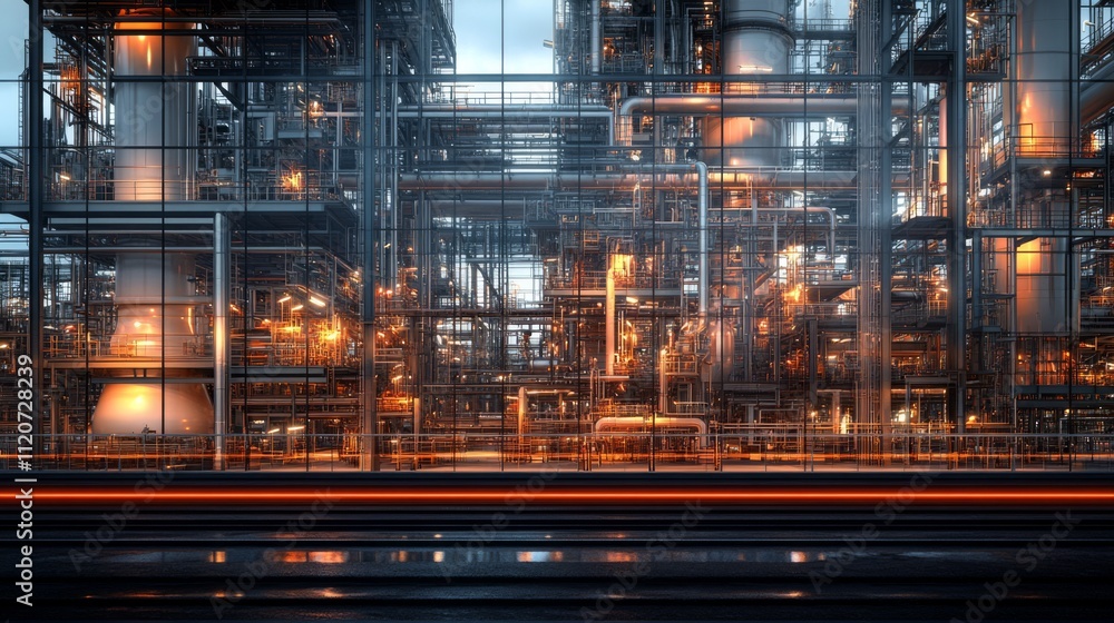 Futuristic Industrial Complex with Neon Lighting and Metallic Structures Futuristic Industrial Complex with Neon Lighting and Metallic Structures