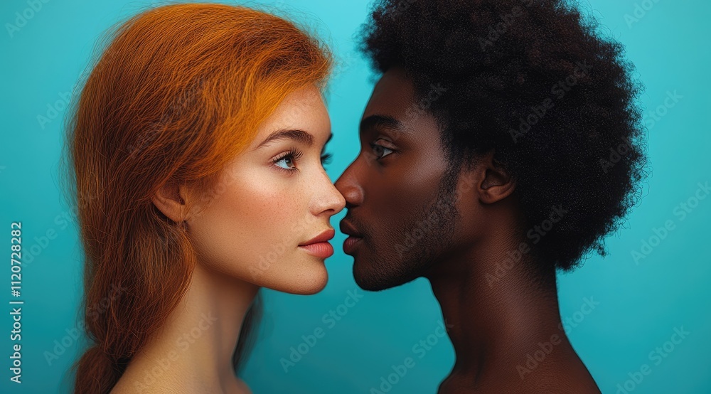 Close-up of a young interracial couple facing each other. Close-up of a young interracial couple facing each other.