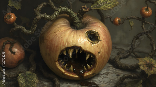 A decaying, monstrous apple with a gaping mouth, spewing dark liquid, surrounded by writhing, poisonous vines photo