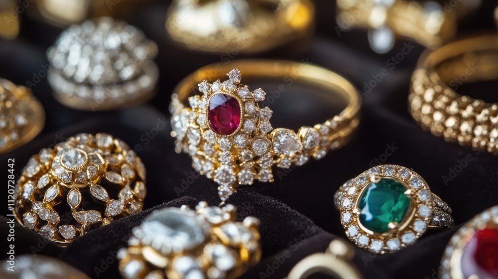 Close-up of gold rings with diamonds and gemstones. Close-up of gold rings with diamonds and gemstones.
