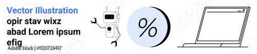 Robot holding text, a percentage symbol on a round blue background, and a laptop. Ideal for technology, robotics, finance, calculation, education, digital strategy, and marketing themes. Landing page