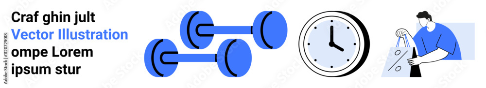 Dumbbells in motion, a clock showing time, and a person ironing clothes. Ideal for fitness, time management, productivity, multitasking, daily routine health awareness and household chores. Landing Dumbbells in motion, a clock showing time, and a person ironing clothes. Ideal for fitness, time management, productivity, multitasking, daily routine health awareness and household chores. Landing