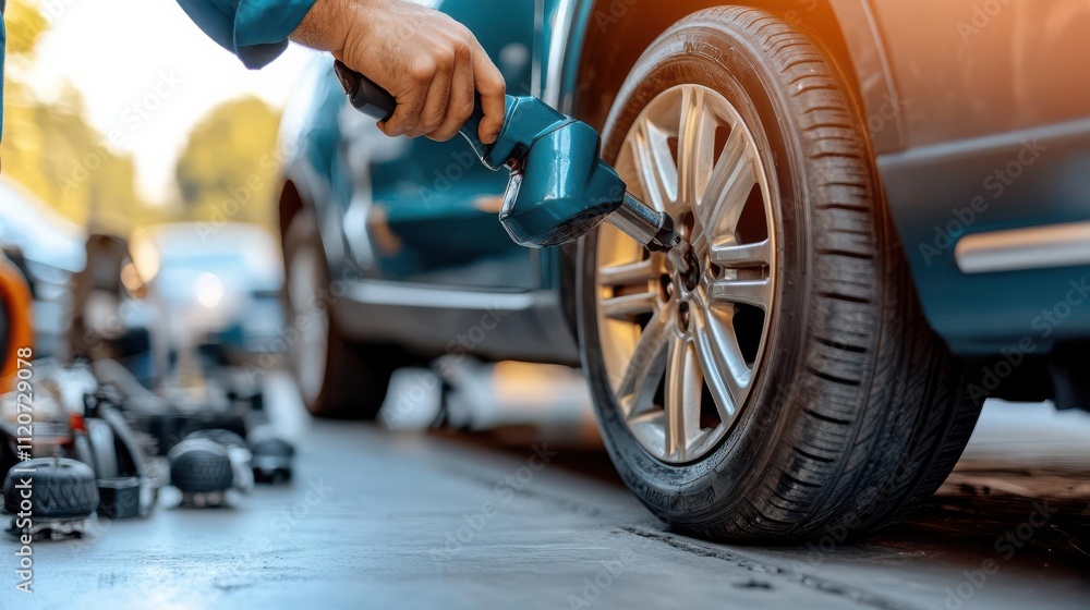 Fototapeta premium A person using a power tool to change a tire on a vehicle.