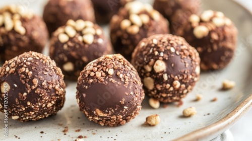 Close-up of several chocolate truffles coated in chopped nuts on a plate.