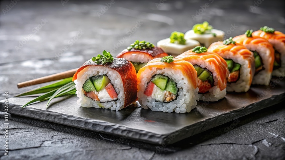 Delicious sushi rolls displayed on a sleek granite chopping board, sushi, rolls, fresh, seafood, Japanese, cuisine Delicious sushi rolls displayed on a sleek granite chopping board, sushi, rolls, fresh, seafood, Japanese, cuisine