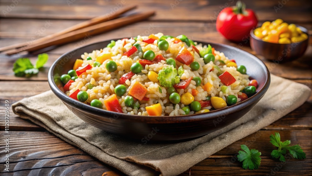 Delicious serving of fried rice with colorful vegetables, fried rice, Asian cuisine, vegetables, colorful, tasty Delicious serving of fried rice with colorful vegetables, fried rice, Asian cuisine, vegetables, colorful, tasty