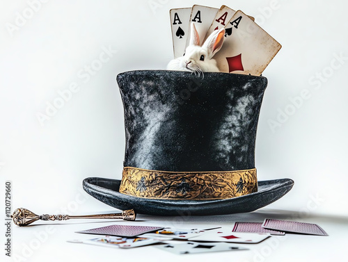 A playful scene featuring a rabbit peeking from a magician's hat alongside playing cards, capturing magic and fun. photo