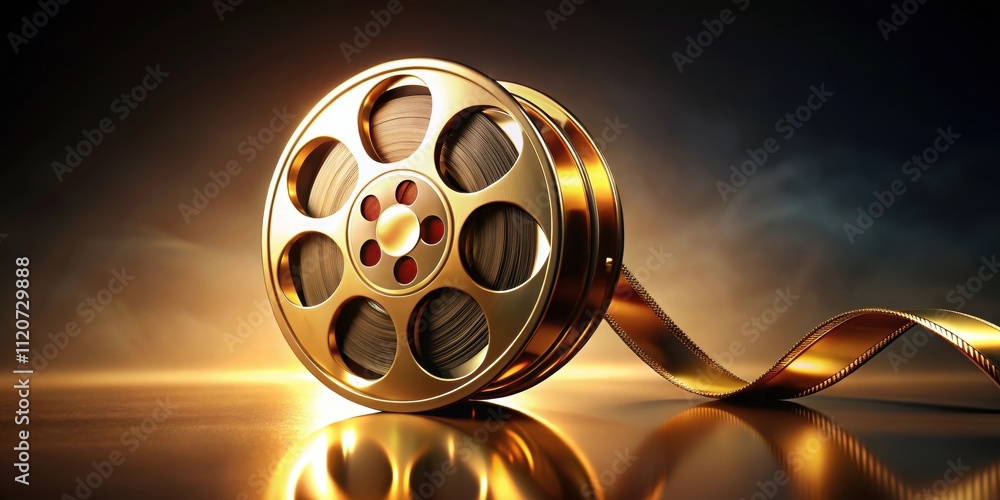 Golden film reel with a shiny metallic finish creating a luxurious and nostalgic aesthetic, film, reel, golden, vintage