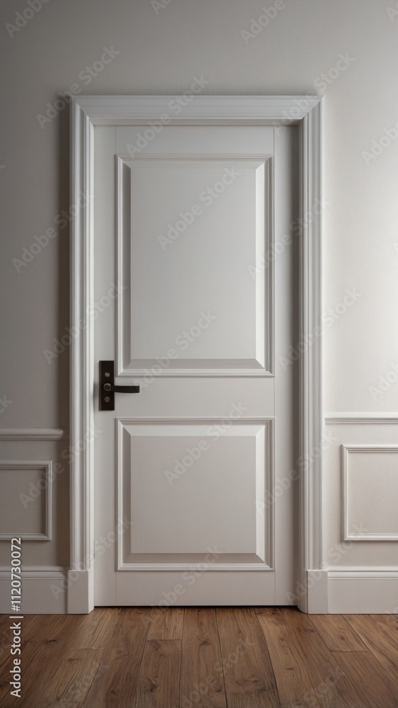 Fototapeta premium Elegant White Door Isolated on a Grey Wall Background with Soft Natural Lighting and Shadows