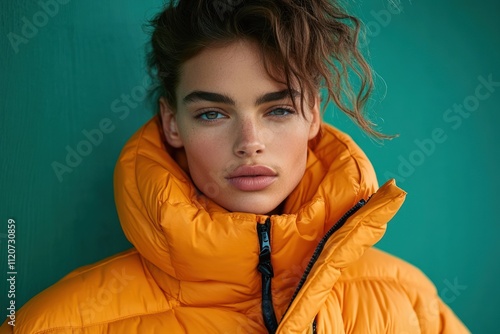 Sustainable Fashion Vibrant Orange Puffer Jacket Green Background High Key Lighting Modern Style