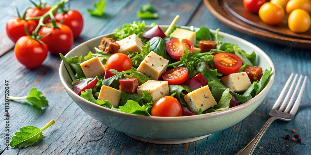 Vegan salad in a bowl with cherry tomatoes, tofu, and mixed greens, vegan, salad, bowl, tomatoes, tofu, mixed greens Vegan salad in a bowl with cherry tomatoes, tofu, and mixed greens, vegan, salad, bowl, tomatoes, tofu, mixed greens