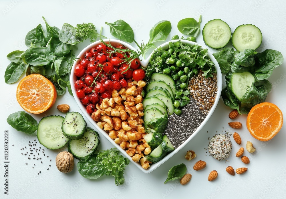 Heart-Shaped Bowl Filled with Fresh Vegetables, Nuts, Seeds, and Fruits on a Light Background Promoting Healthy Eating and Wellness Lifestyle Heart-Shaped Bowl Filled with Fresh Vegetables, Nuts, Seeds, and Fruits on a Light Background Promoting Healthy Eating and Wellness Lifestyle