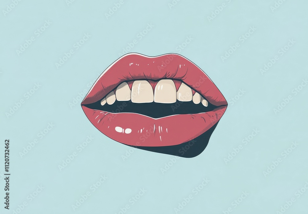 Fototapeta premium Illustration of a Close-Up Mouth with Glossy Red Lips and Visible Teeth Against a Soft Blue Background, Perfect for Beauty and Fashion Themes