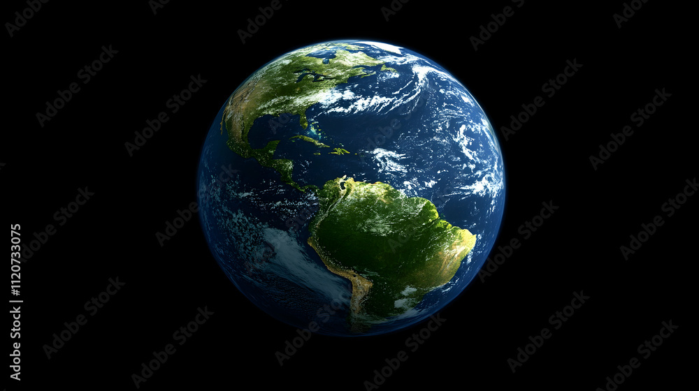 Detailed Earth image showing continents, oceans, and clouds against a black background. Detailed Earth image showing continents, oceans, and clouds against a black background.