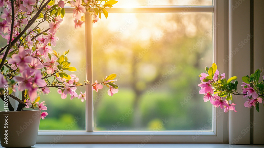White window close-up with a beautiful spring landscape view White window close-up with a beautiful spring landscape view