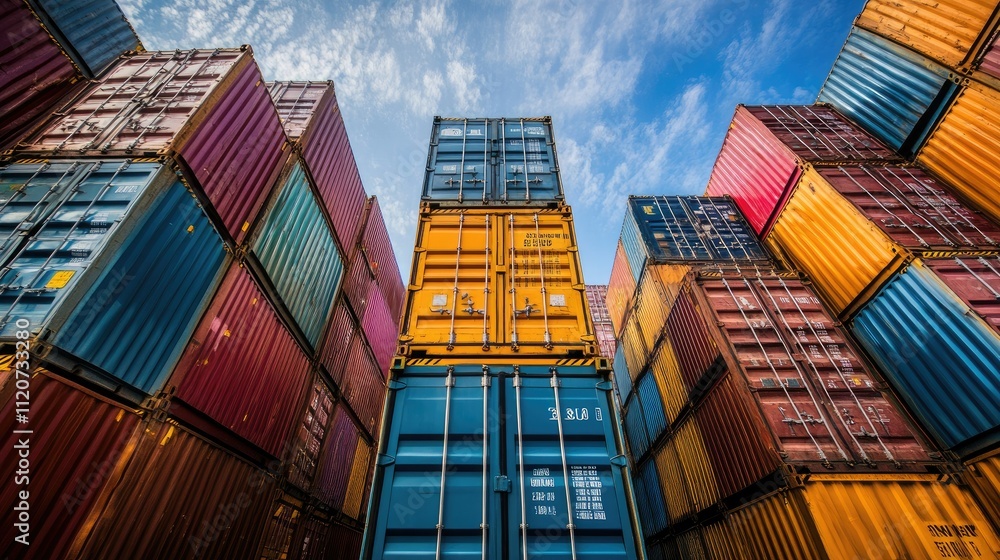 Fototapeta premium Colorful shipping containers stacked high against a blue sky.