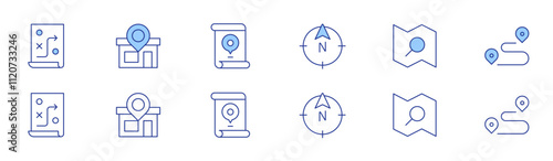 Map icon set in two styles, Duotone and Thin Line style. Editable stroke. north, search, planning, store, route, map
