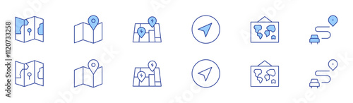 Map icon set in two styles, Duotone and Thin Line style. Editable stroke. navigator, world map, route, map