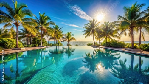 Serene pool with clear blue water, surrounded by palm trees under a sunny sky , vacation, relaxation, peaceful, tropical