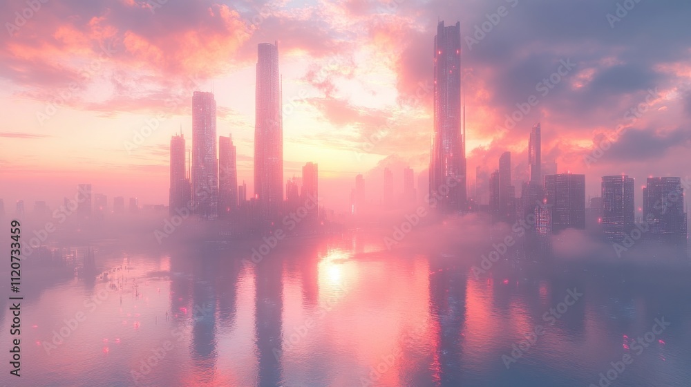 Futuristic Cityscape at Dawn with Skyscrapers and Reflective Water Surface in Digital Surrealism Futuristic Cityscape at Dawn with Skyscrapers and Reflective Water Surface in Digital Surrealism