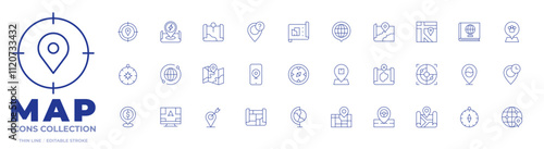 Map icons collection. Thin Line icons, editable stroke. city map, compass, direction, distribution, dollar, earth, global, location, map, maps, phone