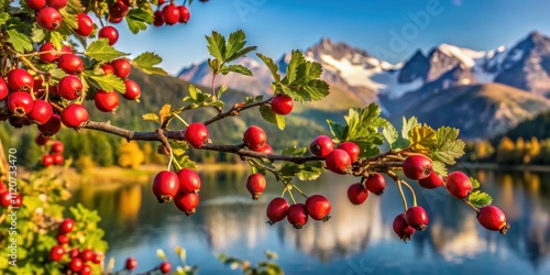 Fresh hawthorn fruits on a bush with Strbske pleso in the background, hawthorn, fruits, bush, Strbske pleso, Slovakia photo