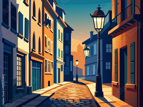 detailed illustration of a charming cobblestone street lined with vintage streetlights.