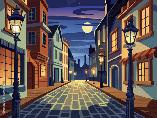 detailed illustration of a charming cobblestone street lined with vintage streetlights.